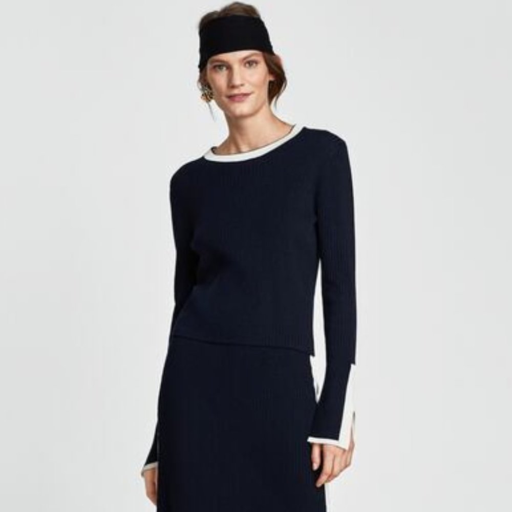 Navy Ribbed Crew Knit Sweater